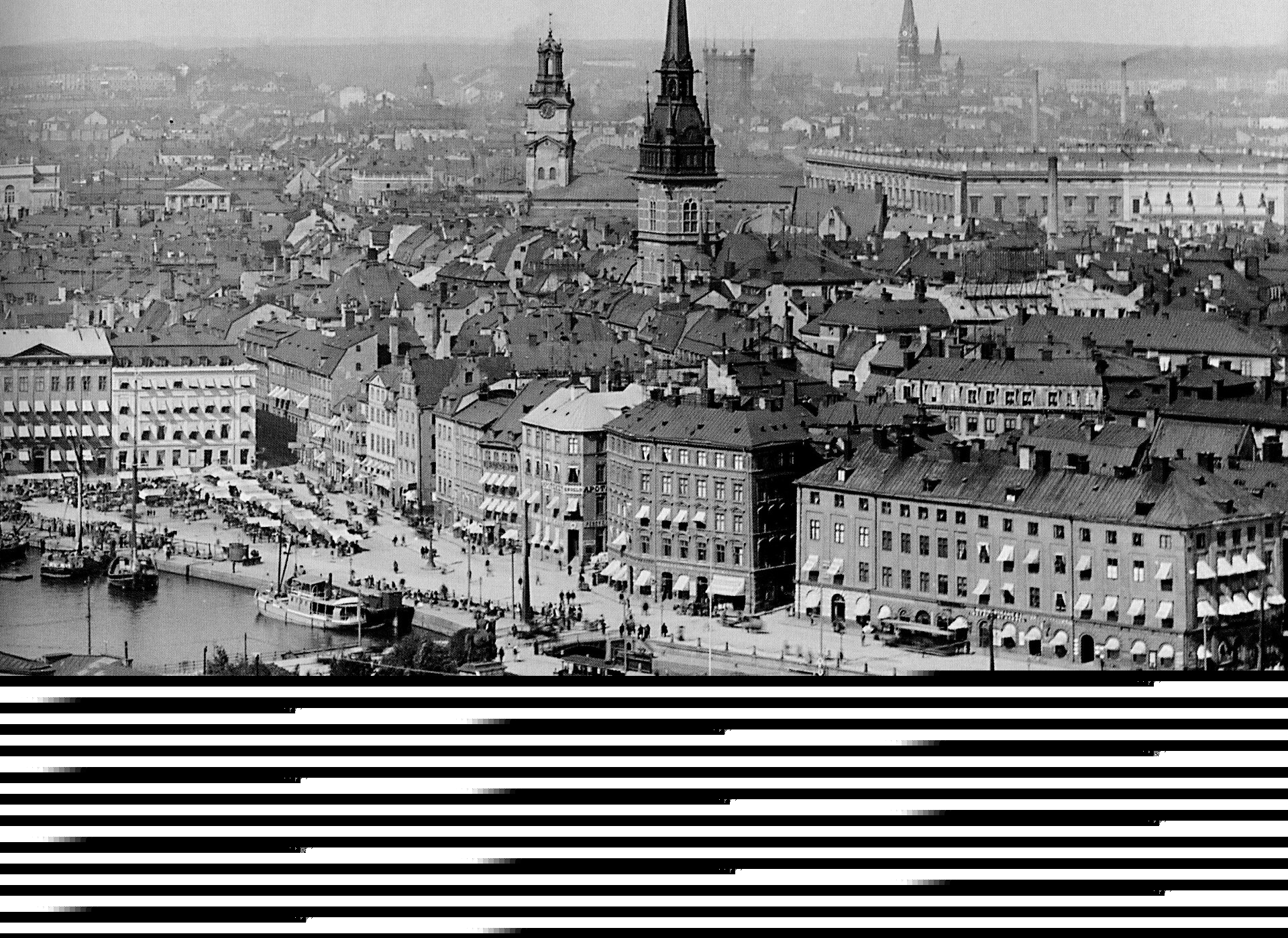Ericsons sluss och torget 1895. Spårvägen och hästdroskorna delar redan utrymmet med båttrafiken.